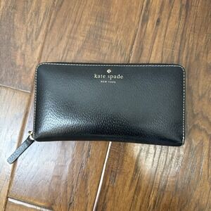 Kate Spade Large Continental Pebble Leather Zip Around Wallet Black Travel Women